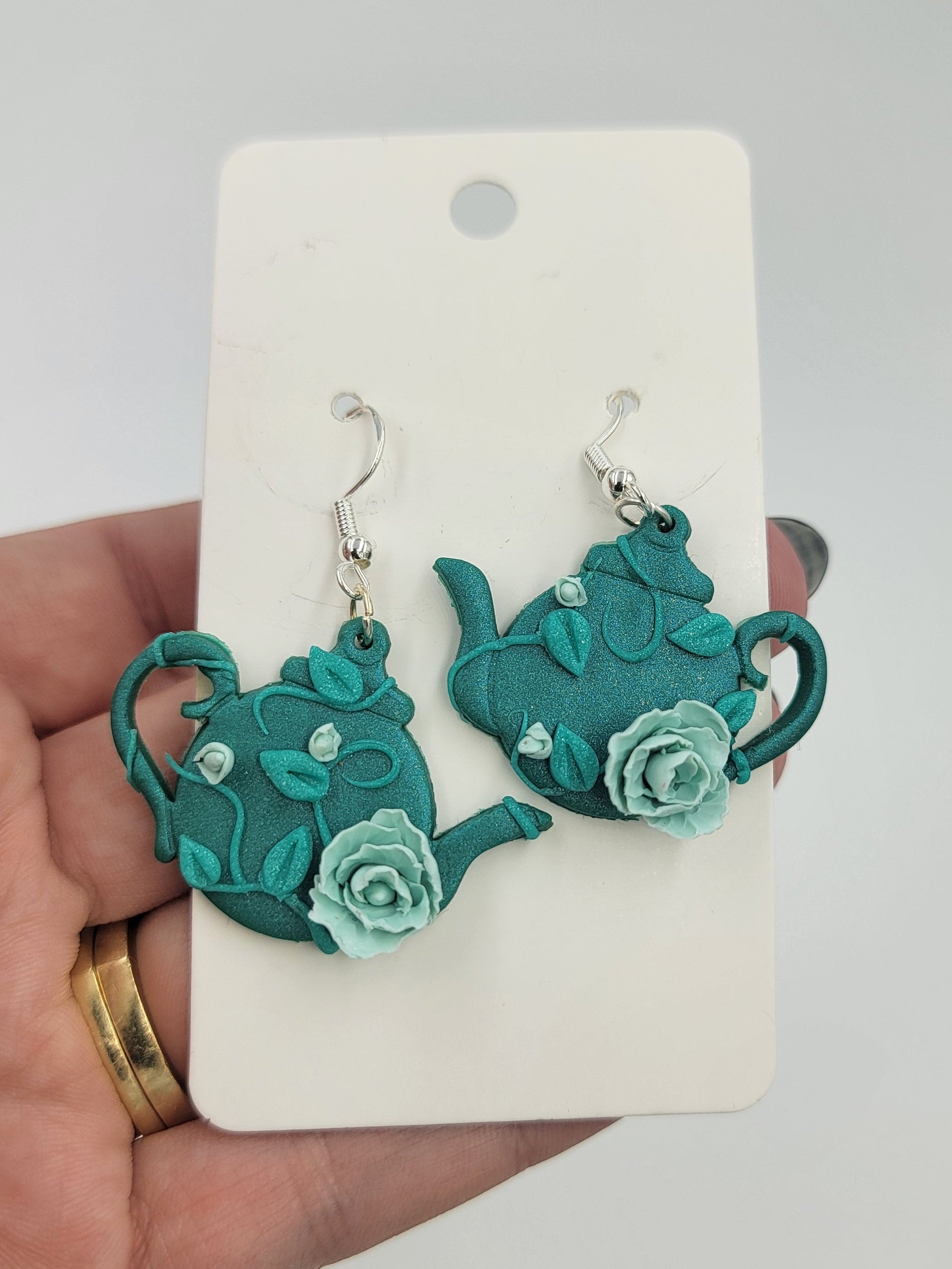 Teal Cinderella-Inspired Teapot Earrings