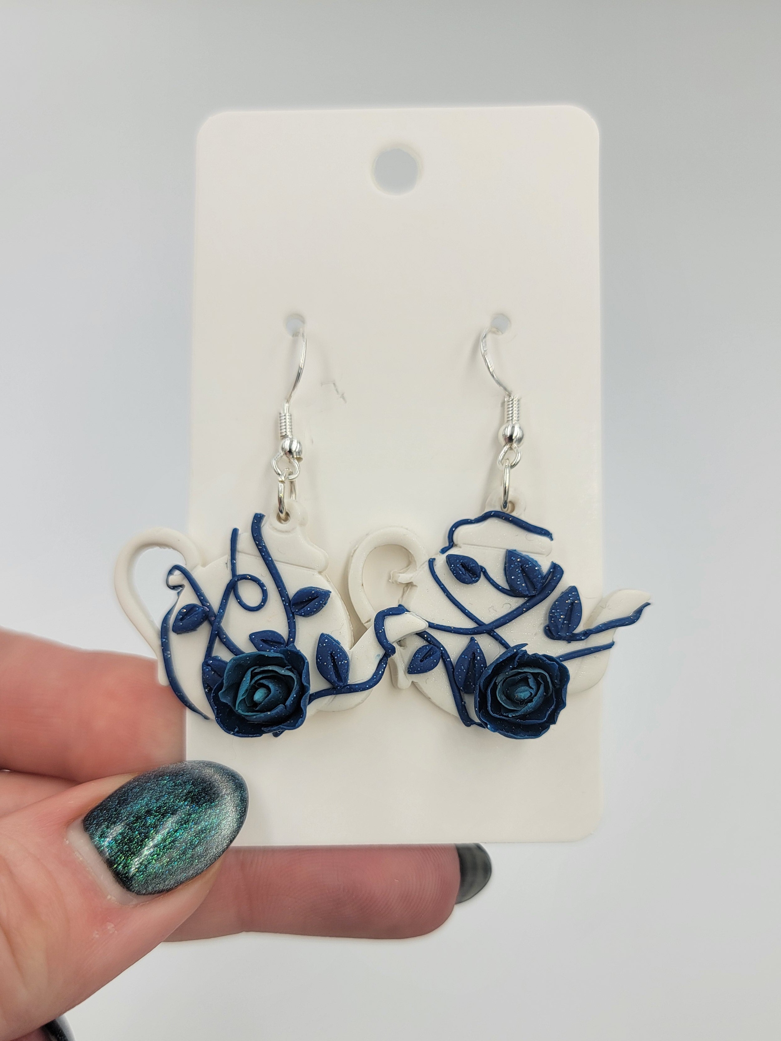 Dark Blue and White Rose Teapot Earrings