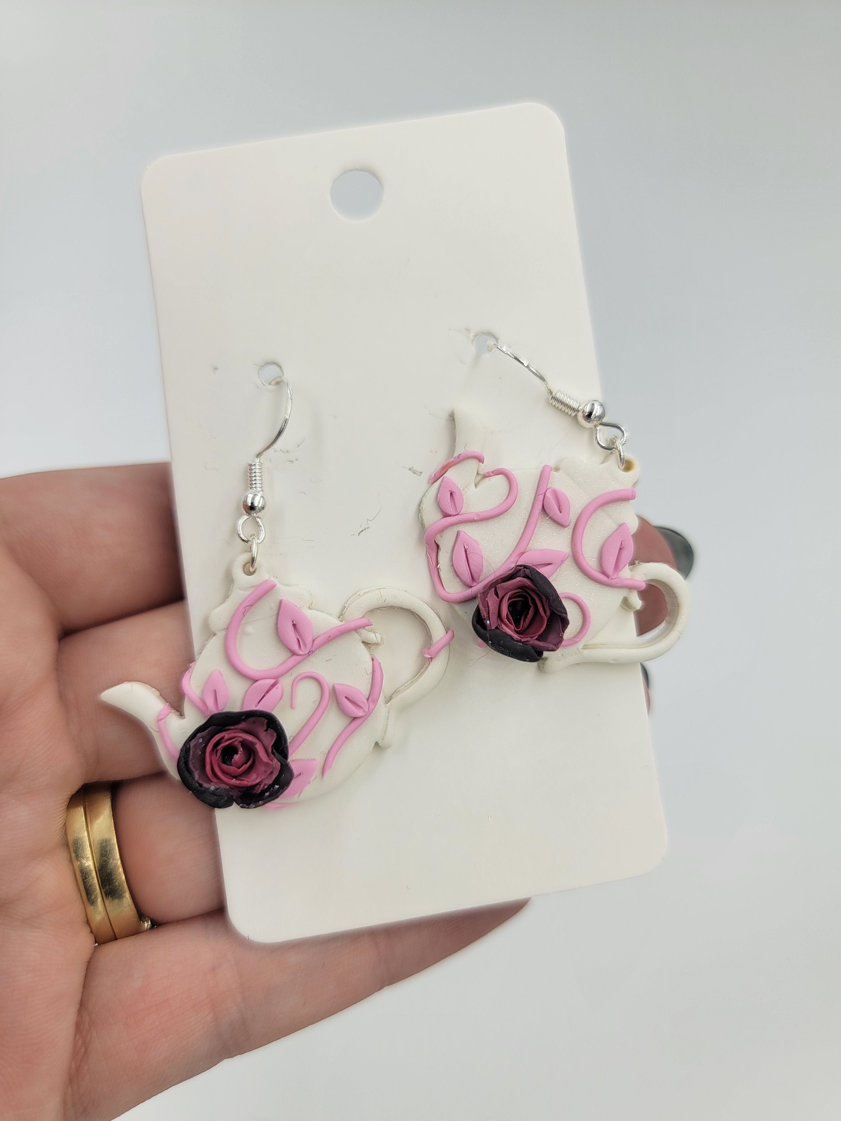 White & Pink Floral Teapot Earrings