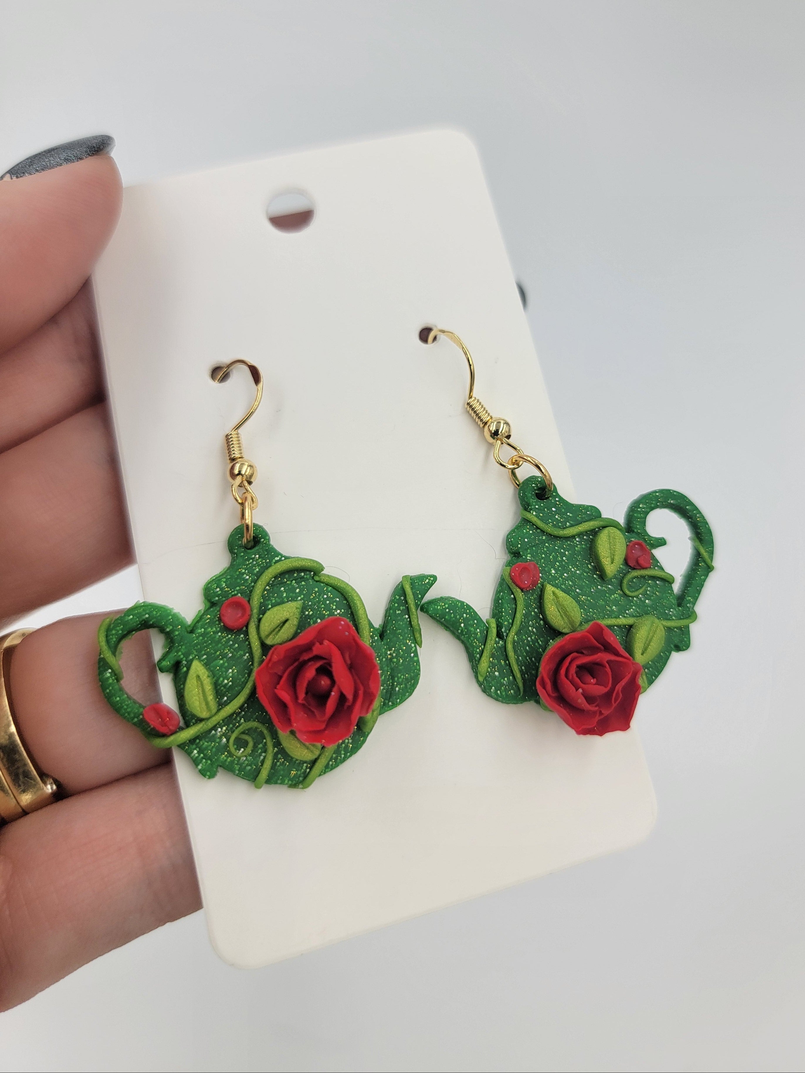 Green Teapot & Red Rose Earrings