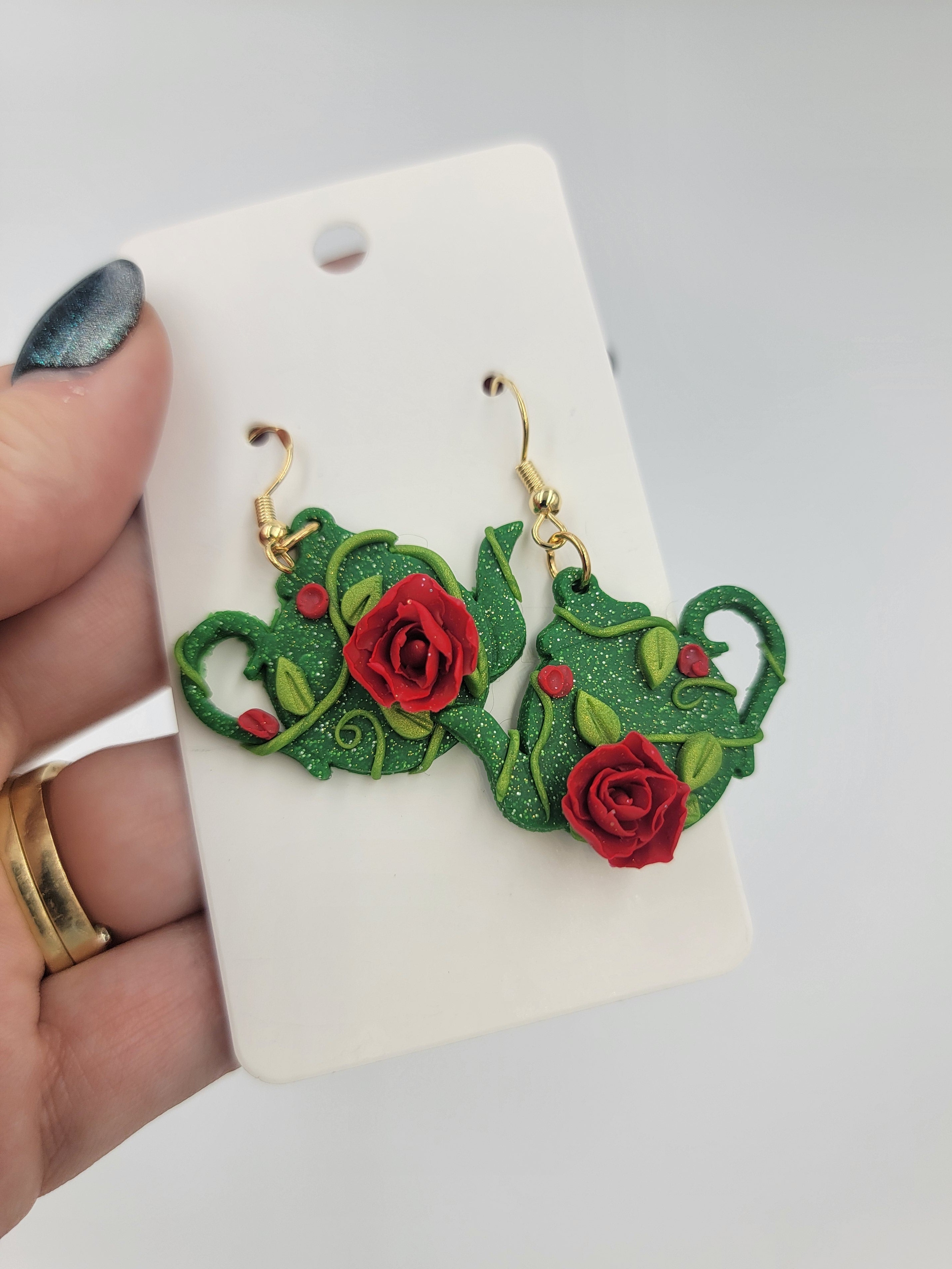 Green Teapot & Red Rose Earrings