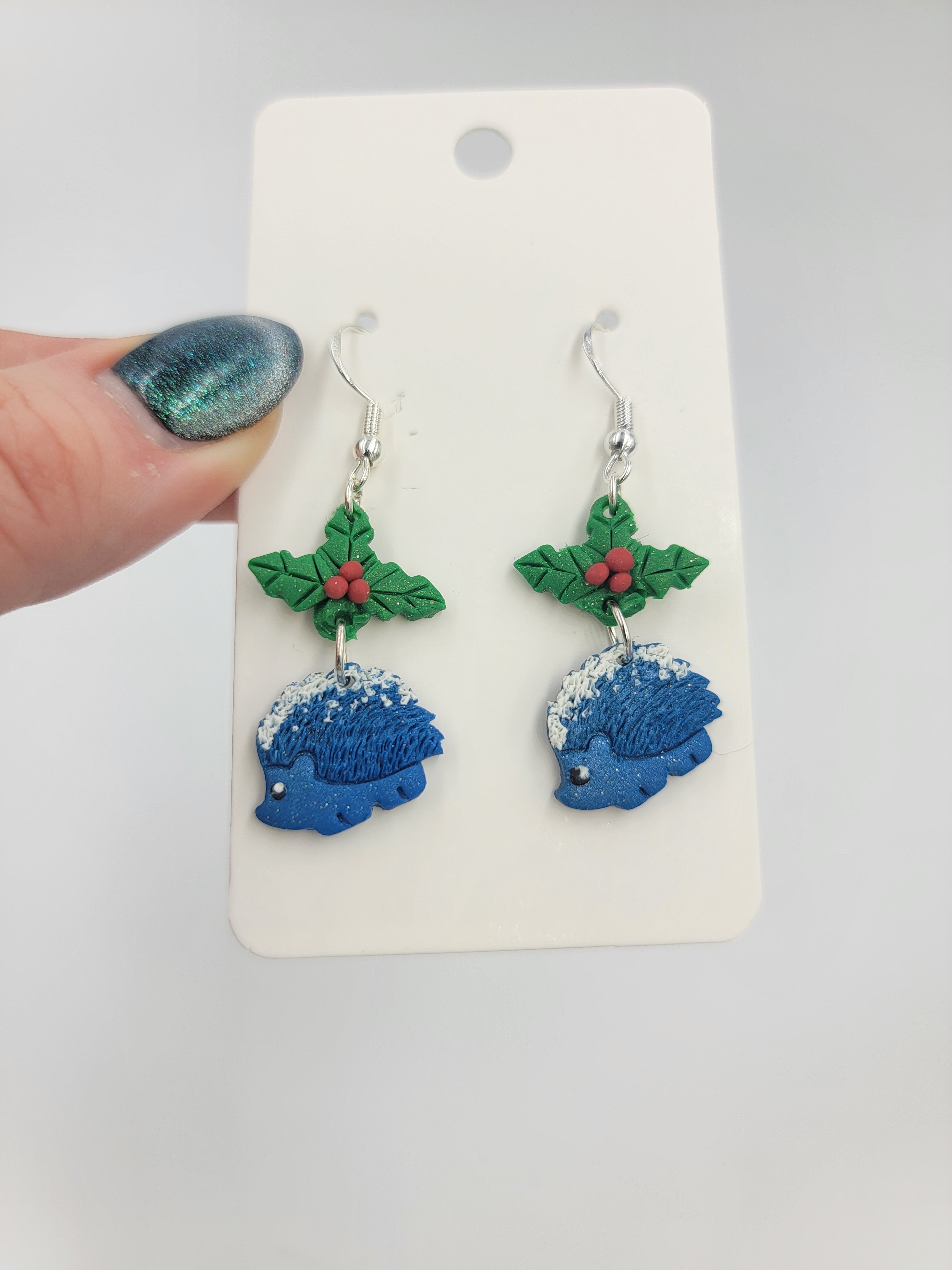 Blue Christmas Hedgehogs and Mistletoe Earrings - Mistletoe Earrings