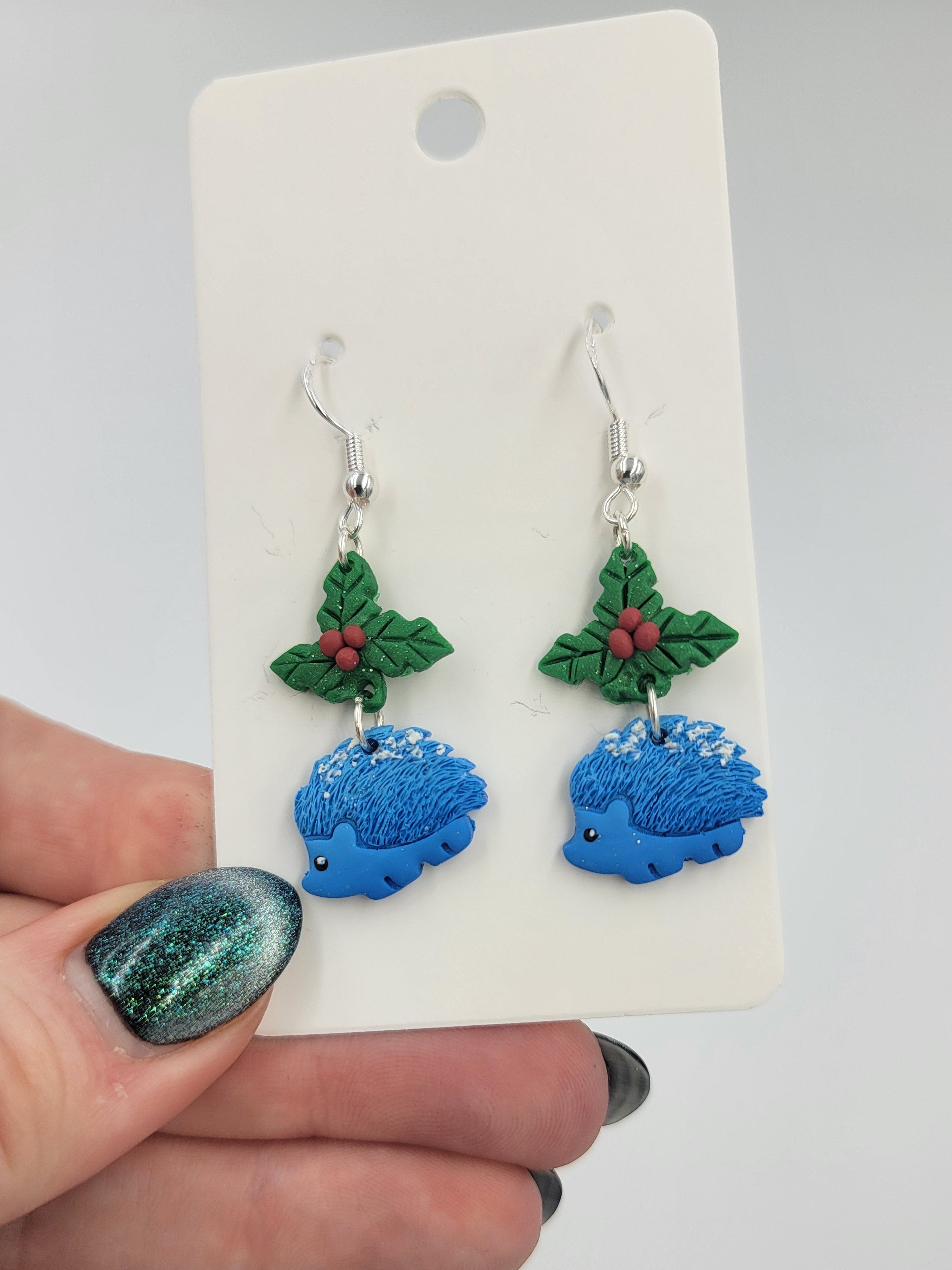 Blue Christmas Hedgehogs and Mistletoe Earrings - Mistletoe Earrings