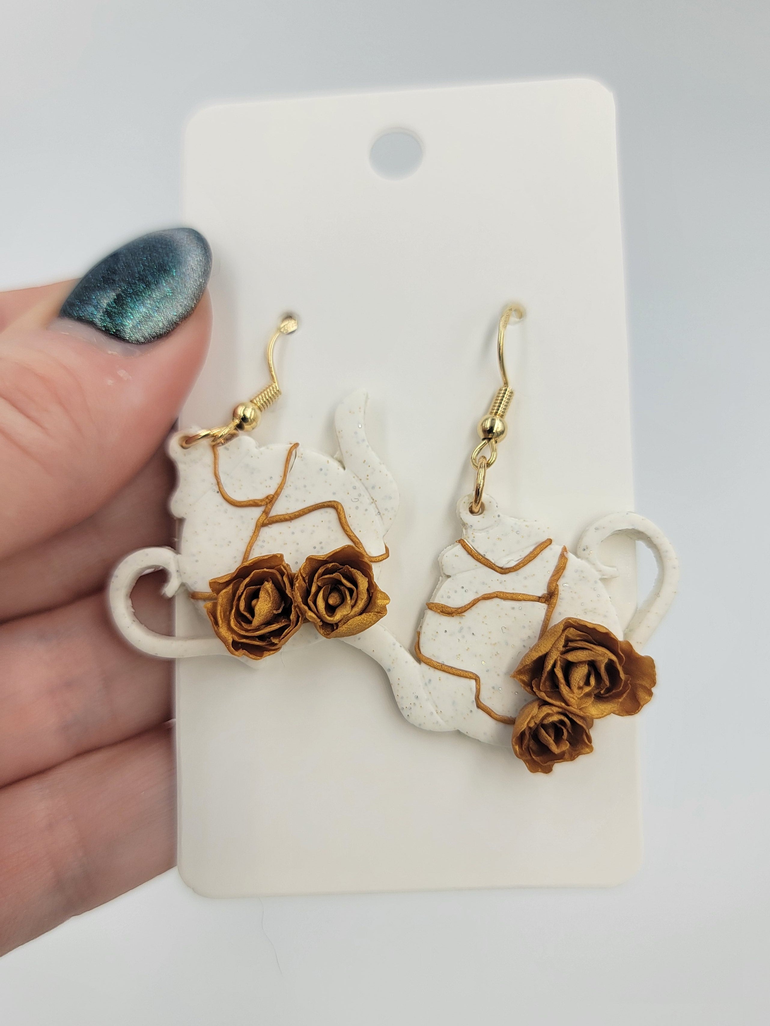 Kintsugi-Inspired Teapot Earrings - Gold Rose Teapot Earrings