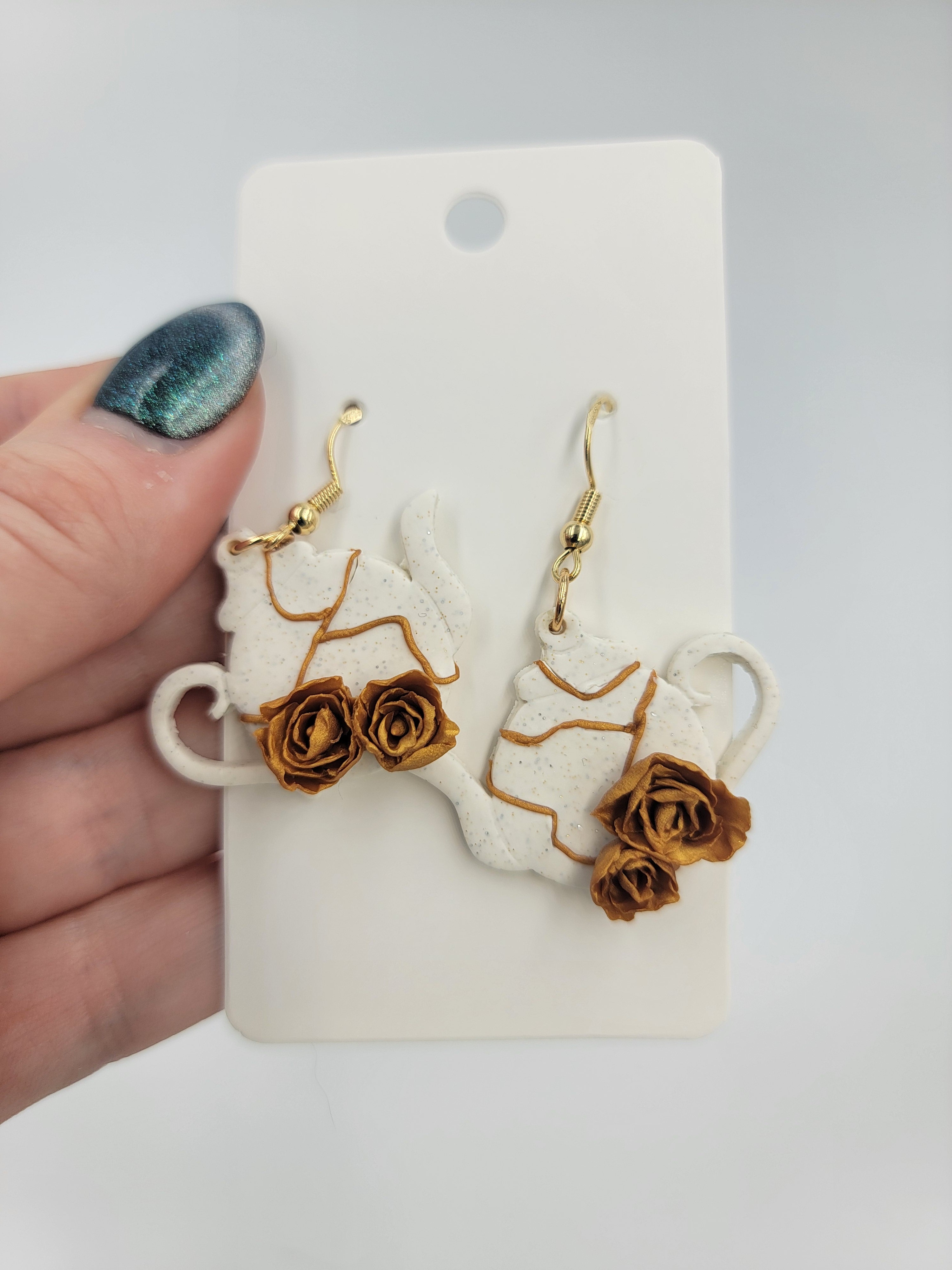 Kintsugi-Inspired Teapot Earrings - Gold Rose Teapot Earrings