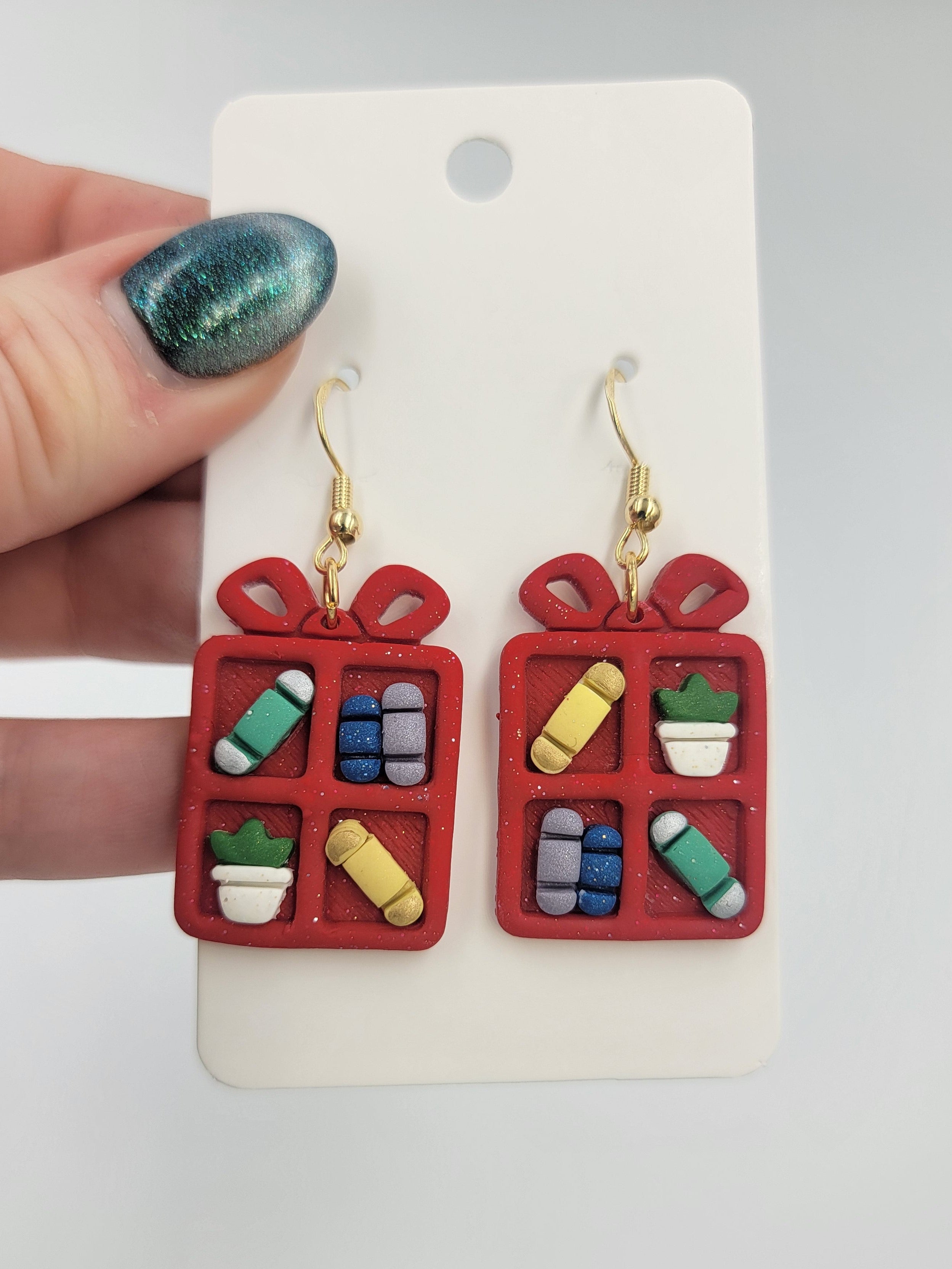 Red Christmas Present Bookshelf Earrings