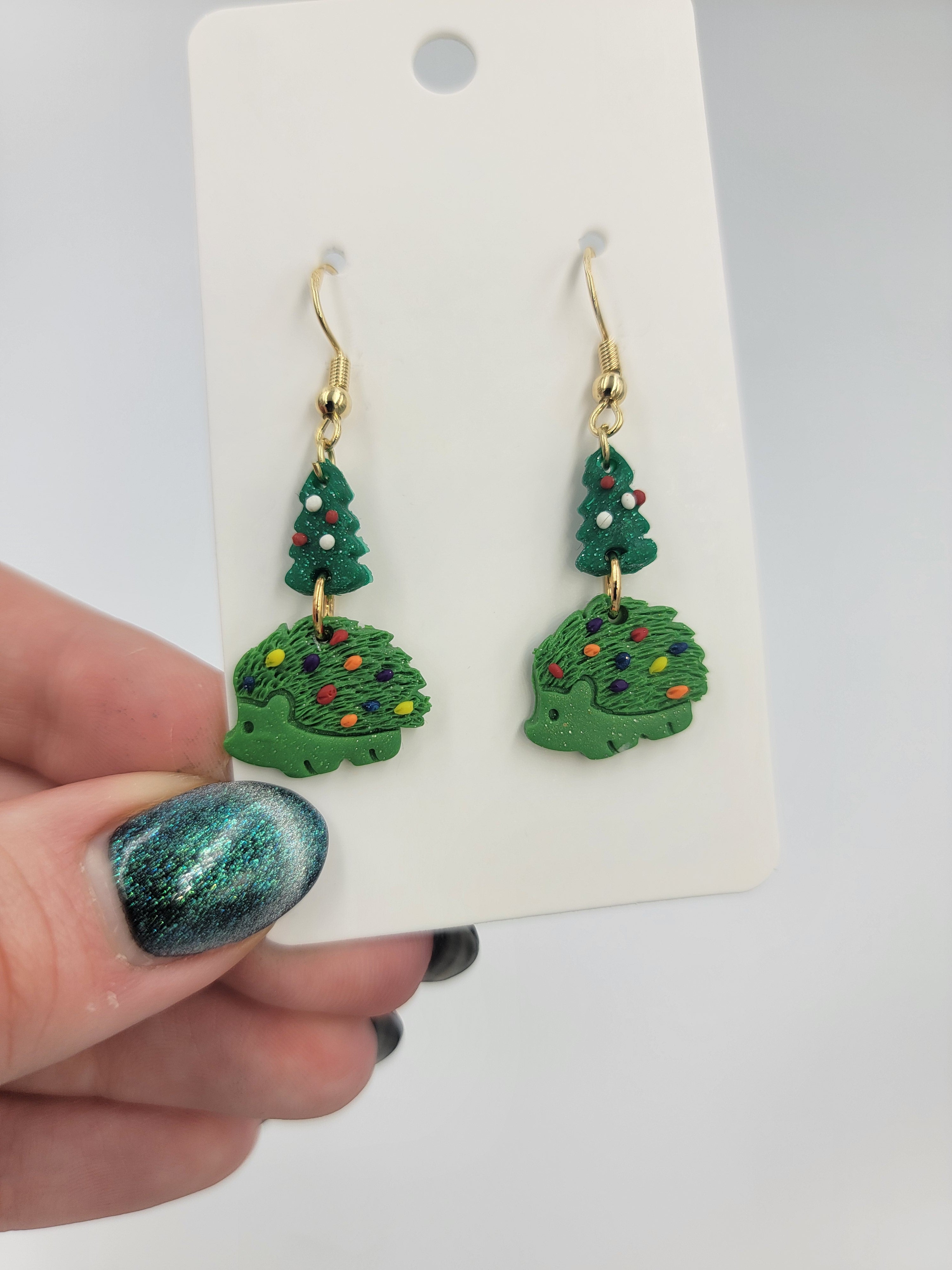 Christmas Hedgehog Earrings - Christmas Tree Dangle Earrings