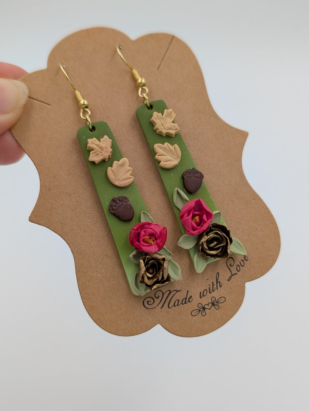 Seasons Change Rose & Leaves Green Drop Earrings