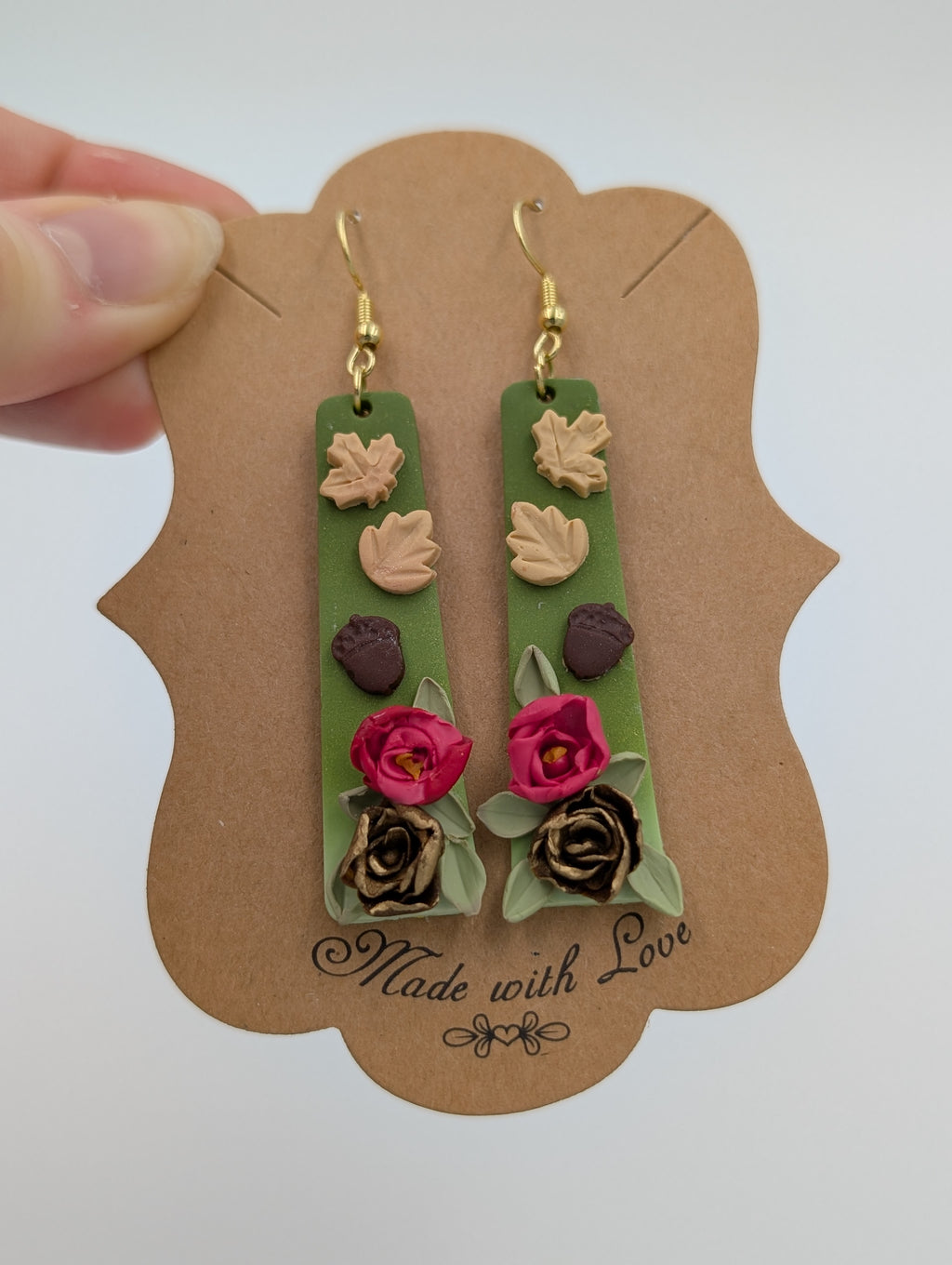 Seasons Change Rose & Leaves Green Drop Earrings