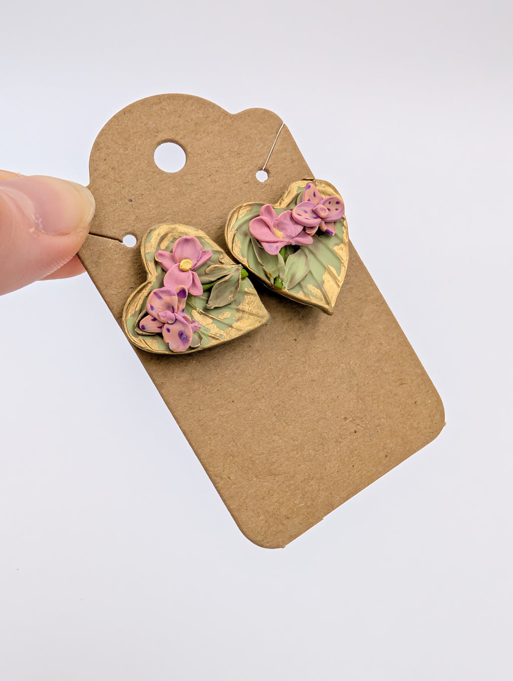 Gold Stained Pink Orchid Stud Earrings
