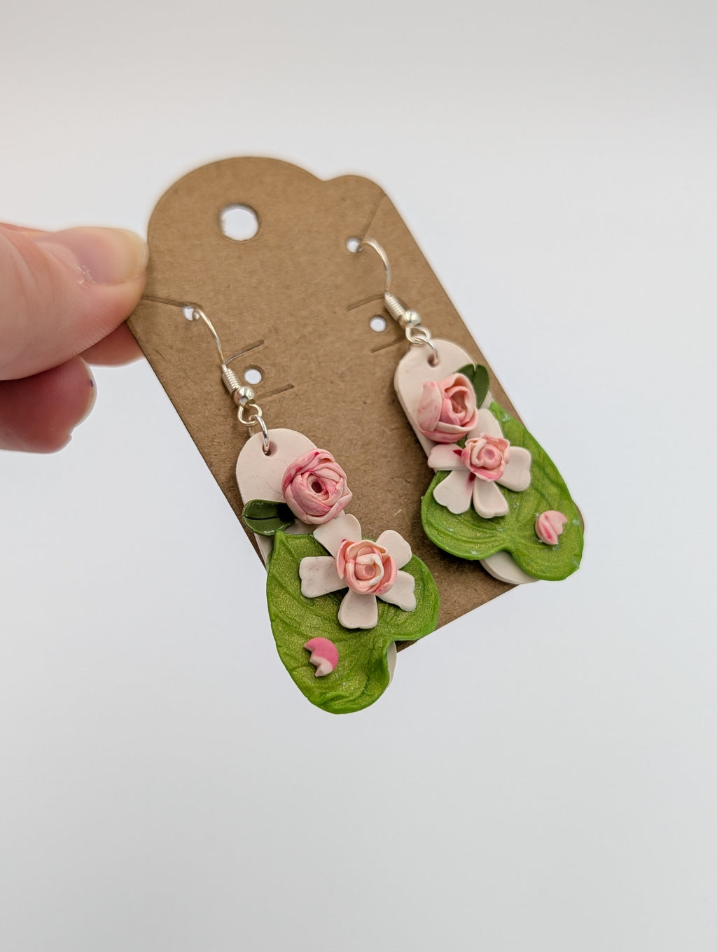 Pink Lily Pad Rose Dangle Earrings