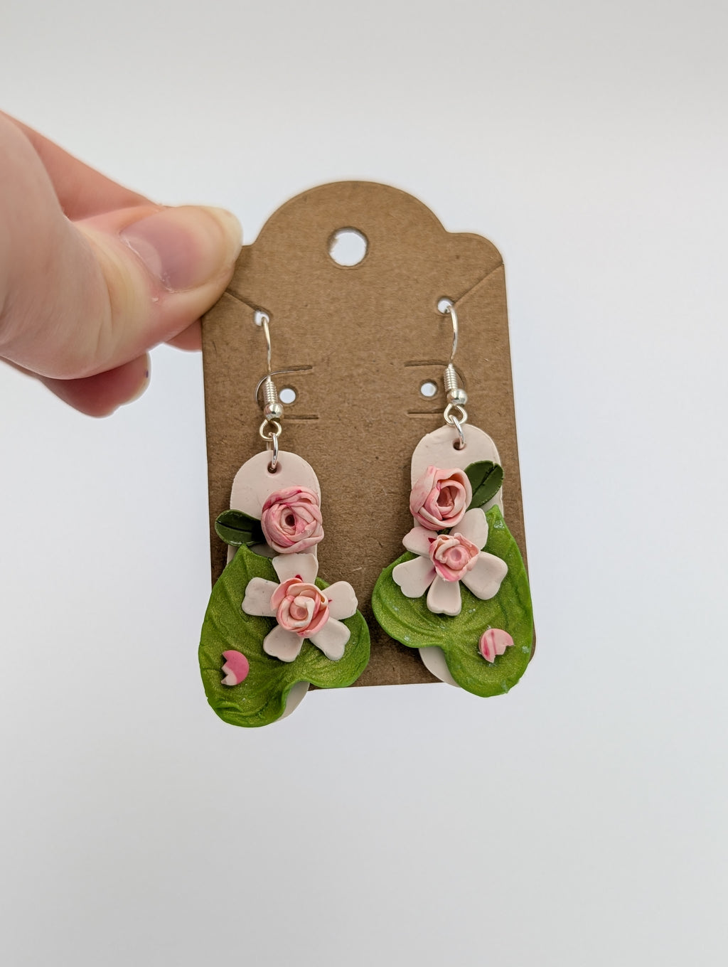 Pink Lily Pad Rose Dangle Earrings