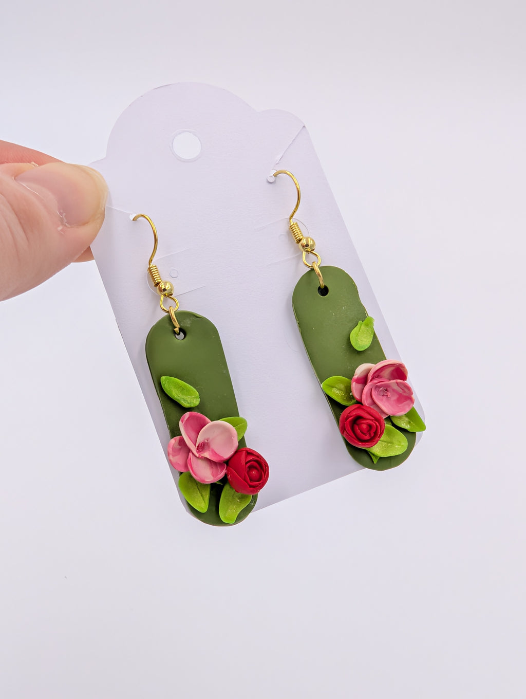 Pink Blooms Rose Green Dangle Earrings