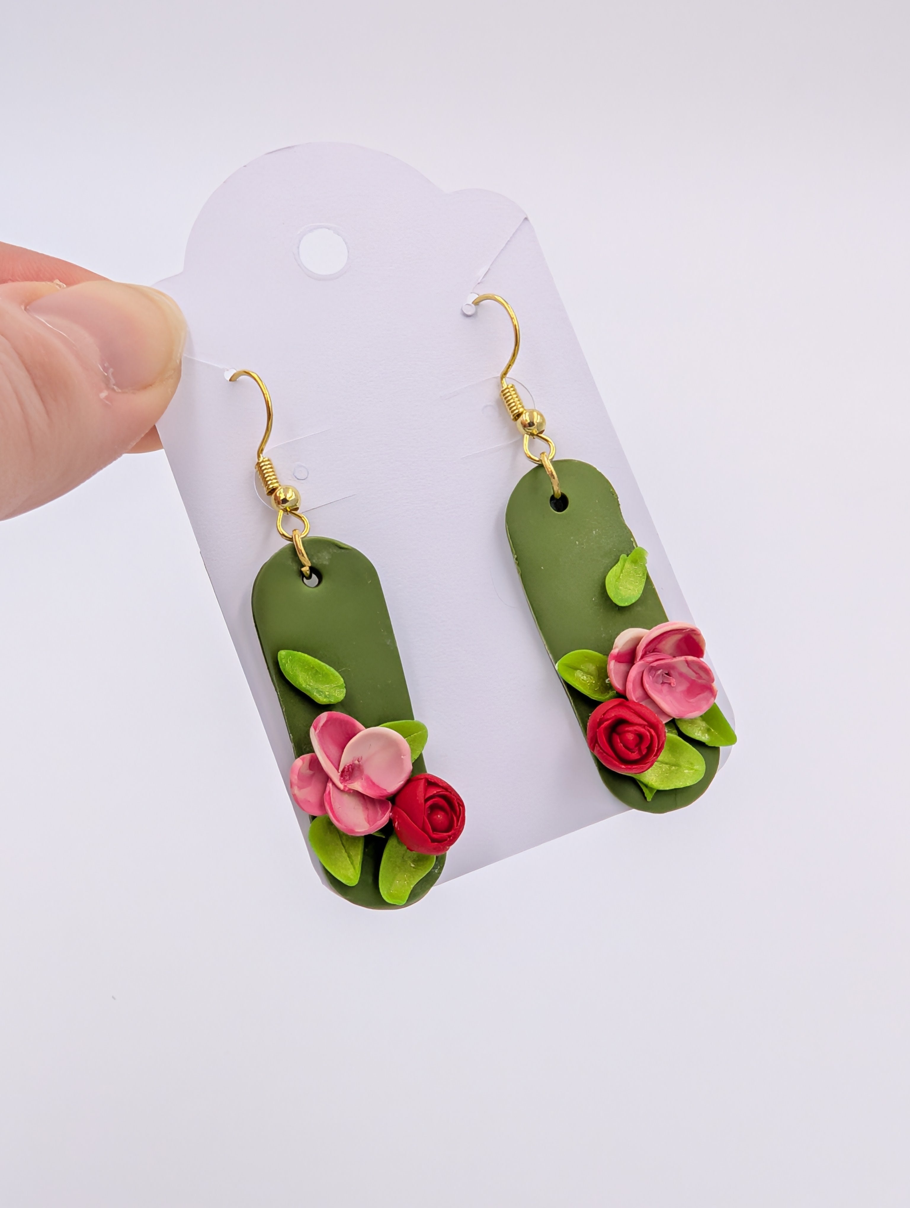 Pink Blooms Rose Green Dangle Earrings