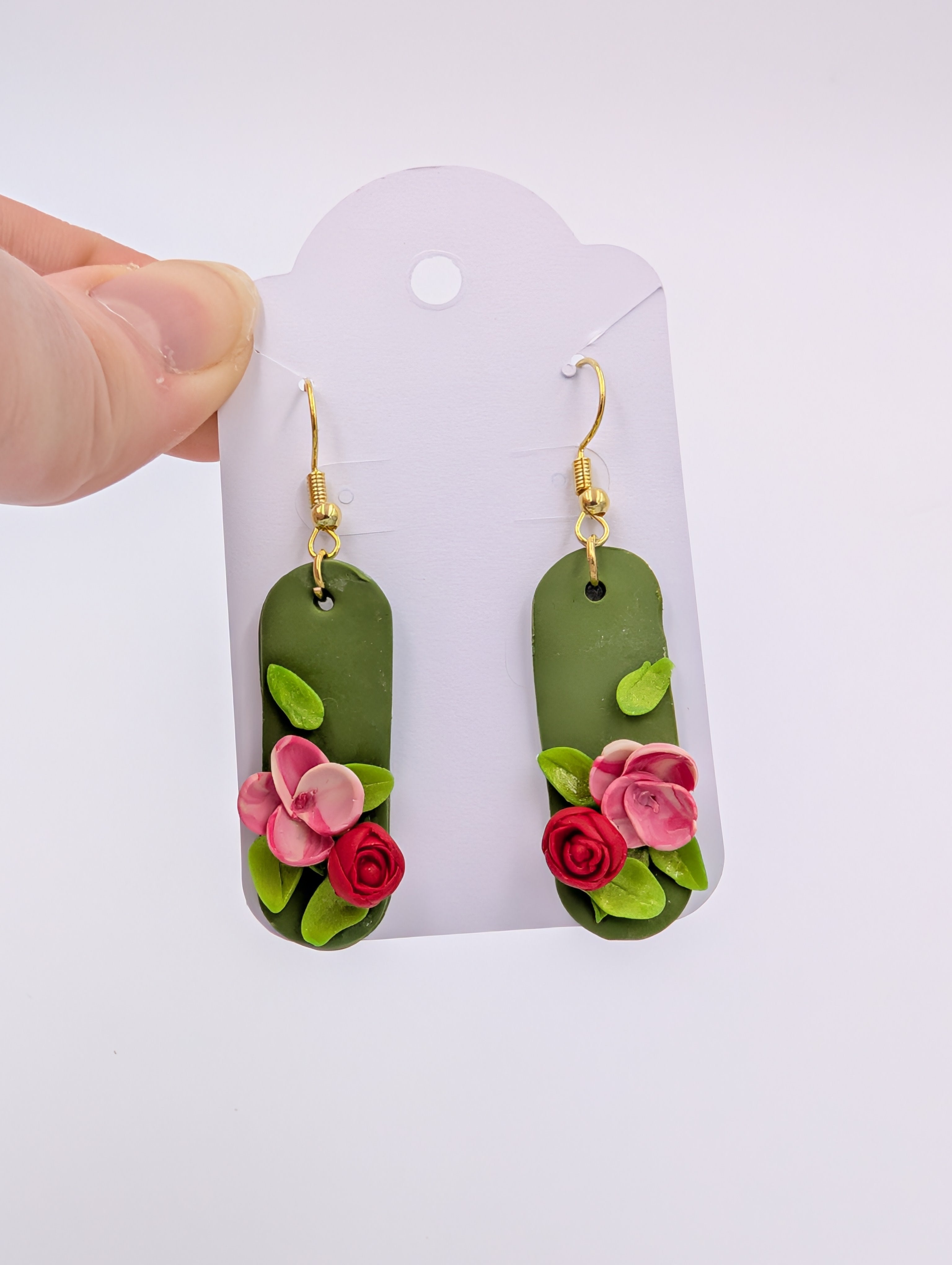 Pink Blooms Rose Green Dangle Earrings