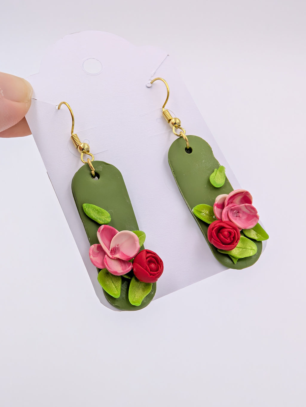 Pink Blooms Rose Green Dangle Earrings