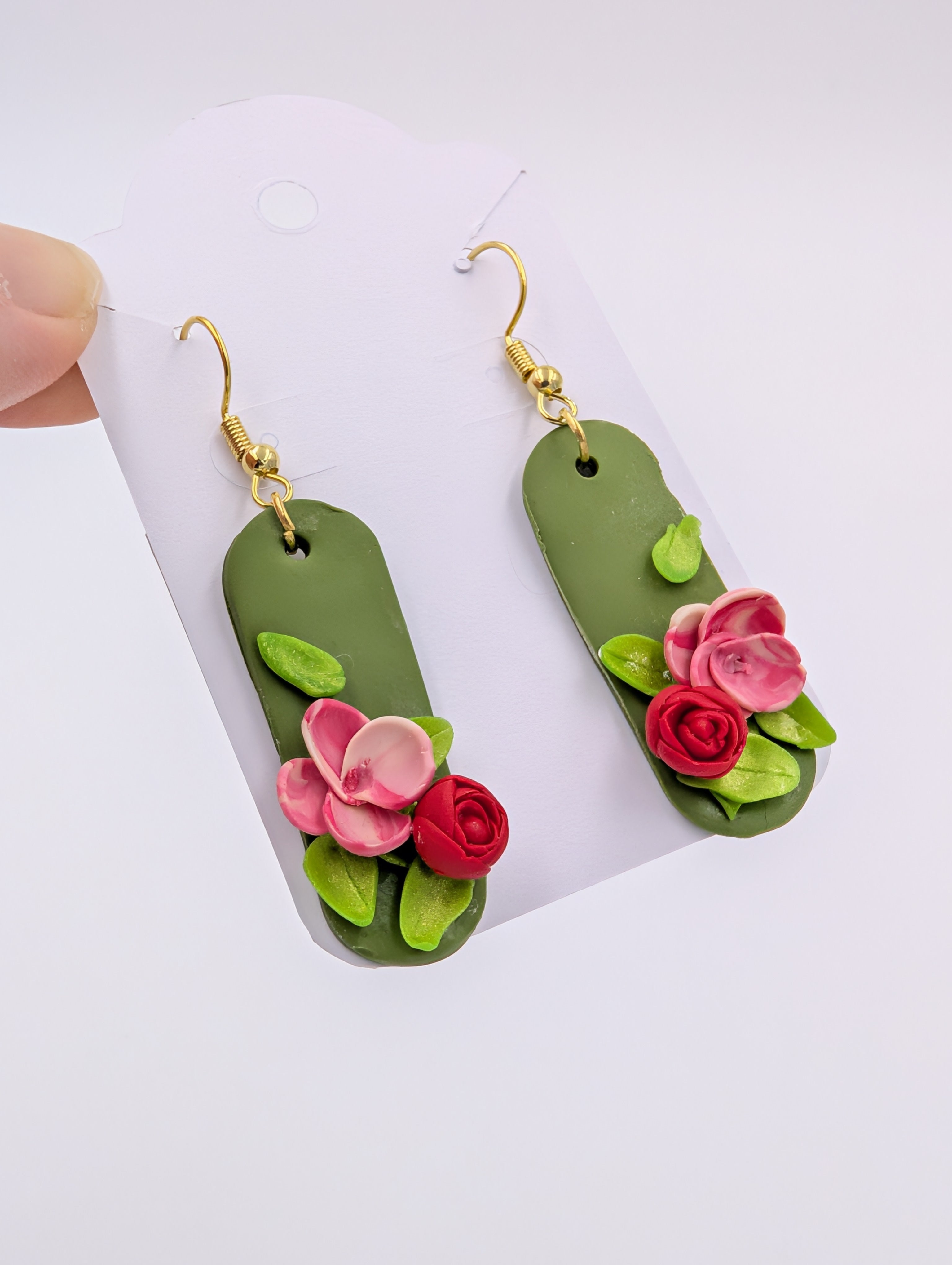 Pink Blooms Rose Green Dangle Earrings
